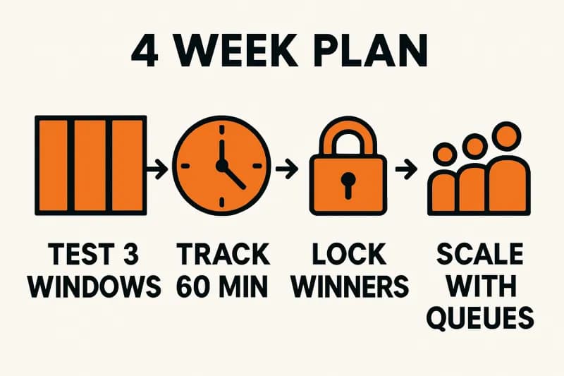 Simple infographic showing a 4 week plan with test, track, lock, scale steps for posting times