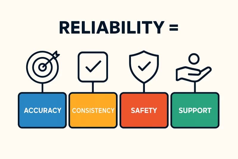 Infographic showing reliability defined as accuracy, consistency, safety, and support for a LinkedIn scheduling tool