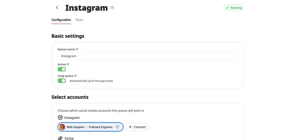 Wahlu basic Queue settings showing queue name, active toggle, loop queue option, and account selection