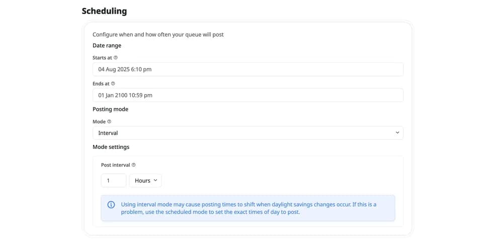 Wahlu scheduling settings showing interval mode with 1 hour posting frequency