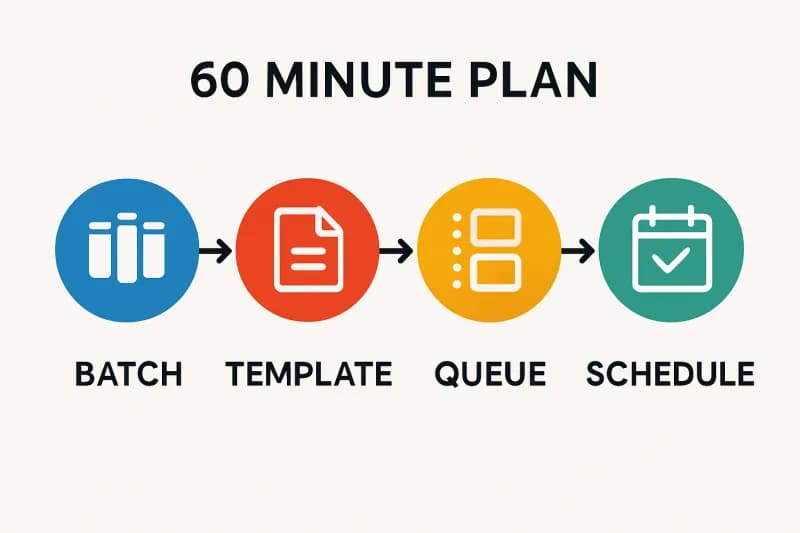 Simple 60-minute monthly planning infographic showing steps: batch, template, queue, schedule for Instagram content planning