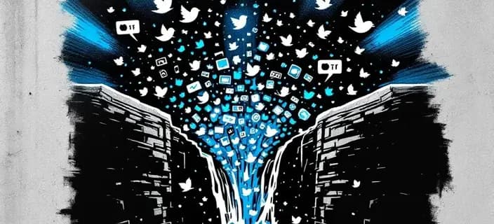 Banksy-style street art of a buffer overflow spilling social media icons onto a concrete wall