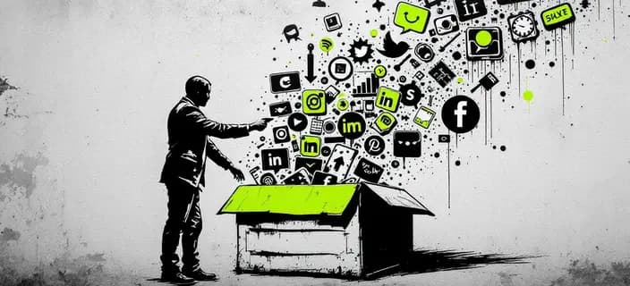 Banksy-style street art of social media icons as free birds escaping a cage