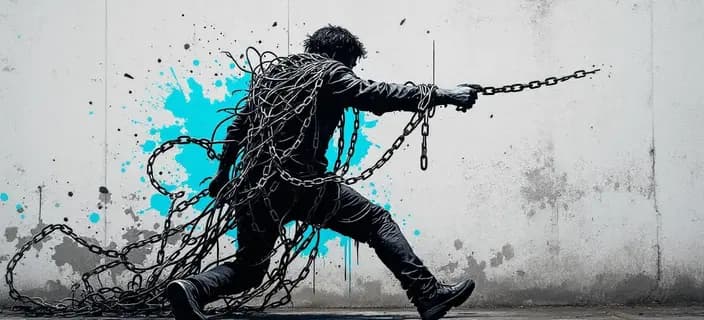 Banksy-style street art showing person breaking free from tangled chains and wires
