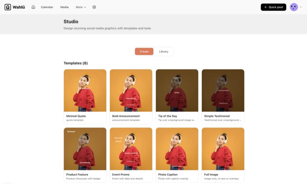 Wahlu Studio template gallery with 8 customisable templates