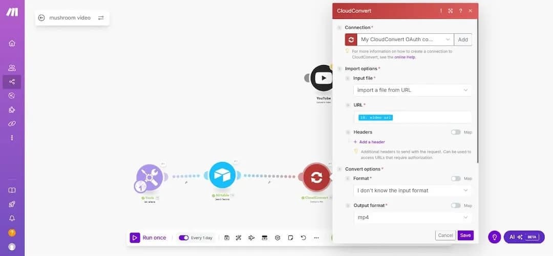 CloudConvert settings in Make.com for Google Drive link conversion