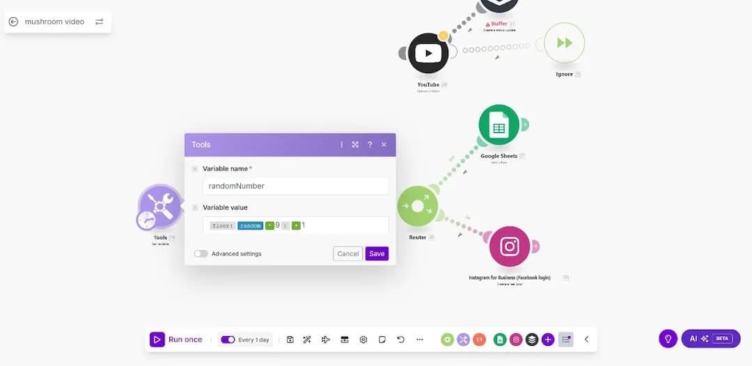 Make.com automation showing random number generator and multiple API connections