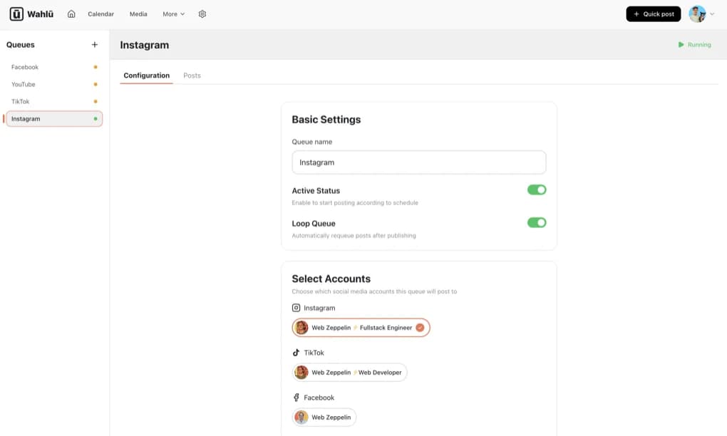 Wahlu queue configuration with loop and auto-posting settings