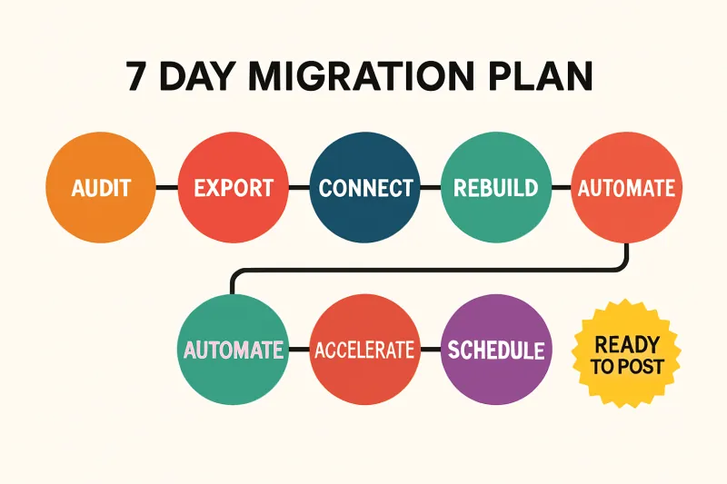 Timeline infographic of a 7-day migration plan from other tools to Wahlu showing daily steps and outcome
