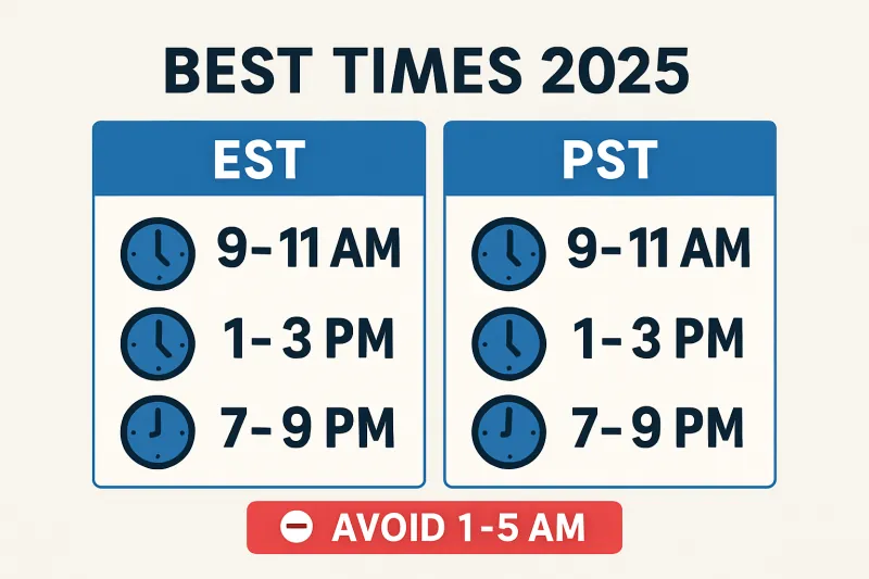 Infographic showing 2026 best times to post in EST and PST with avoid times for clarity