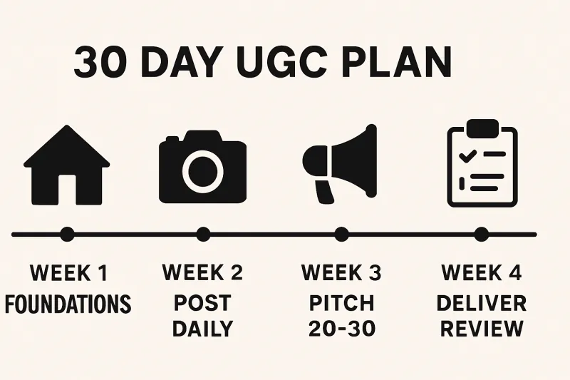 Infographic timeline showing a simple 4 week plan to start UGC: foundations, post daily, pitch 20–30, deliver and review