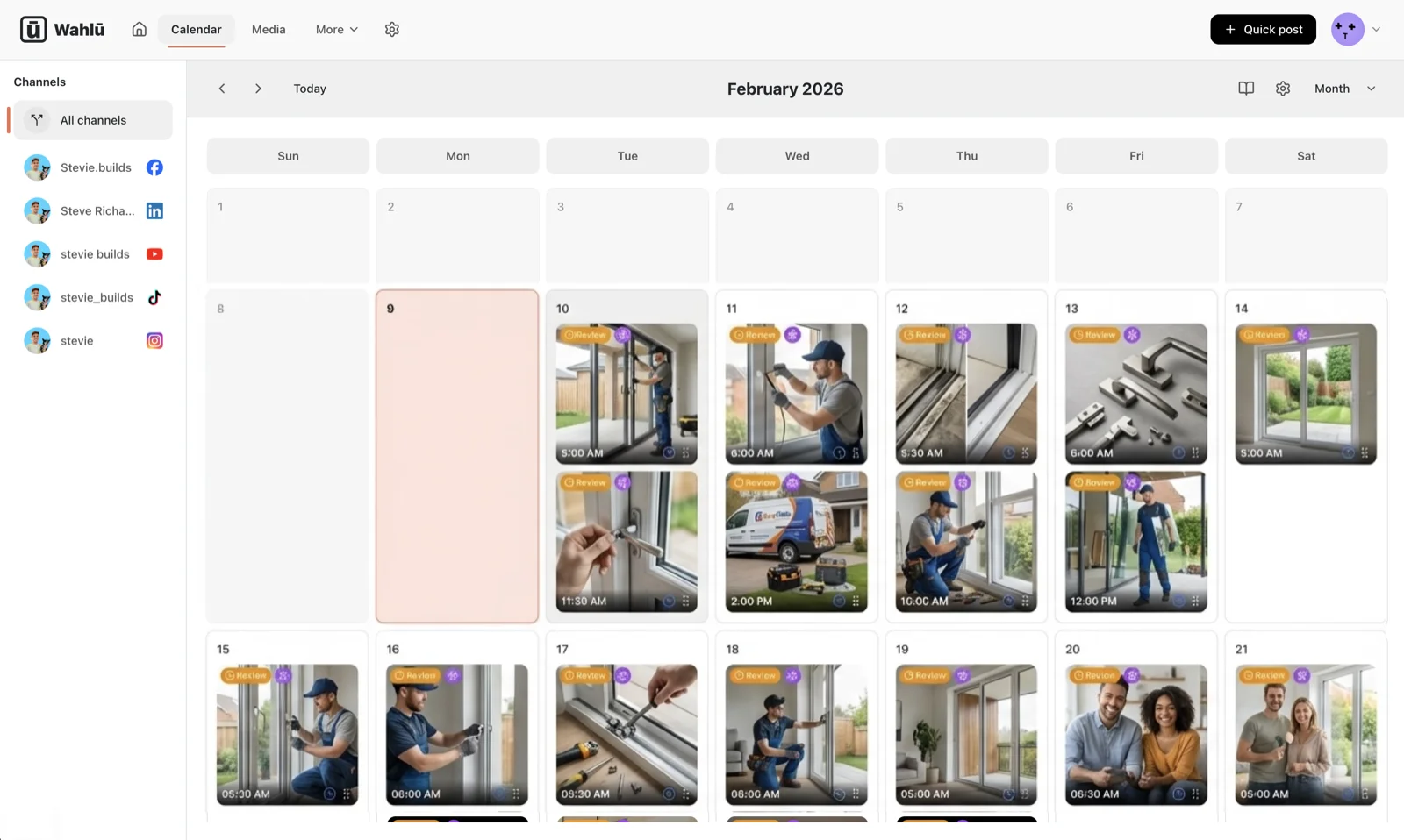 Calendar view with scheduled posts across platforms