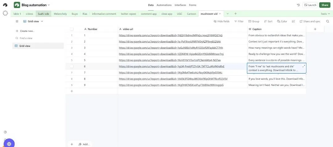 Airtable setup with numbered rows for video selection